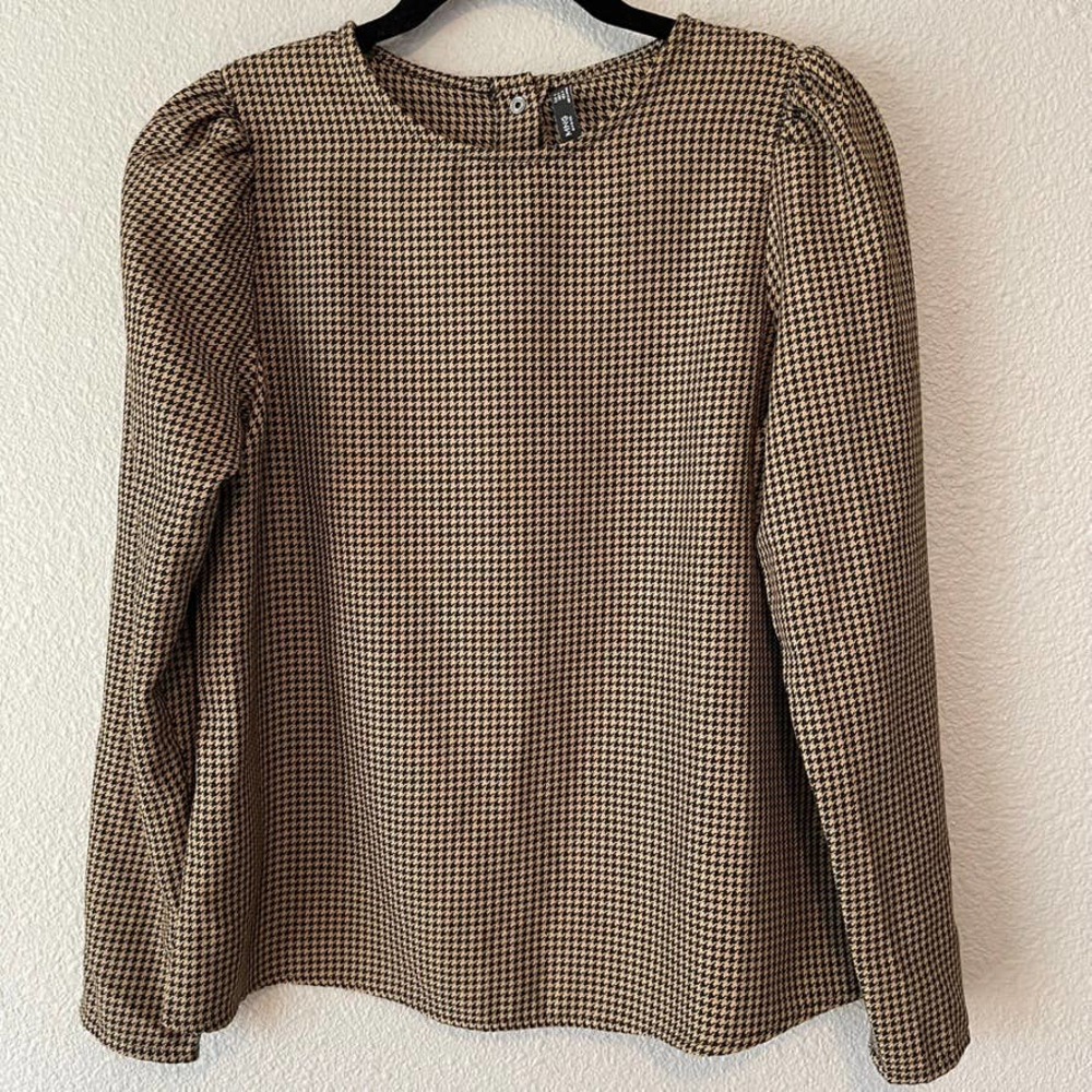 MNG Puff Shoulder Brown Black Houndstooth Shirt Long Sleeve Button Back Blouse 6